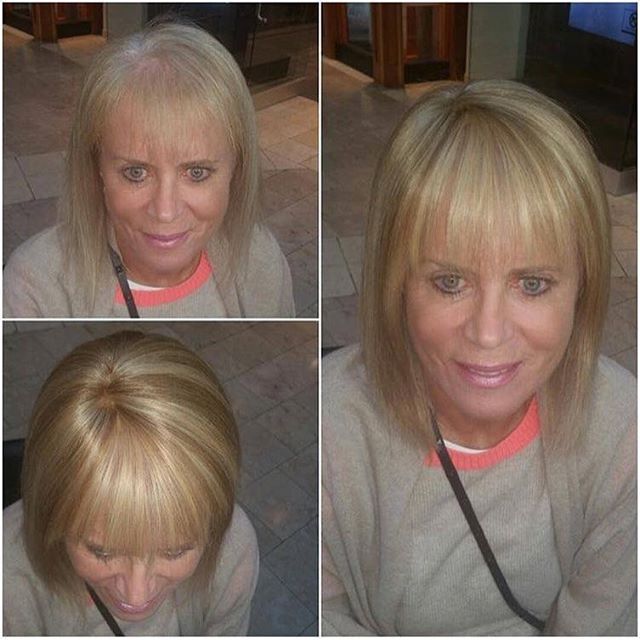 Client had her hair stylist cut bangs into her Topper. Color #8/18